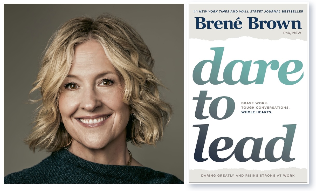 Bren&eacute; Brown alongside the cover of her book Dare to Lead.
