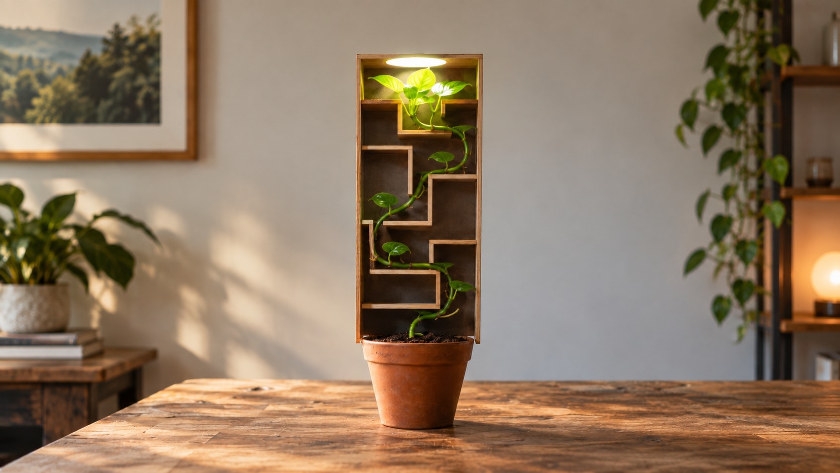 A potted pothos vine winding its way up through a wooden maze toward a single glowing light at the top, on a wooden table in a sunlit room.