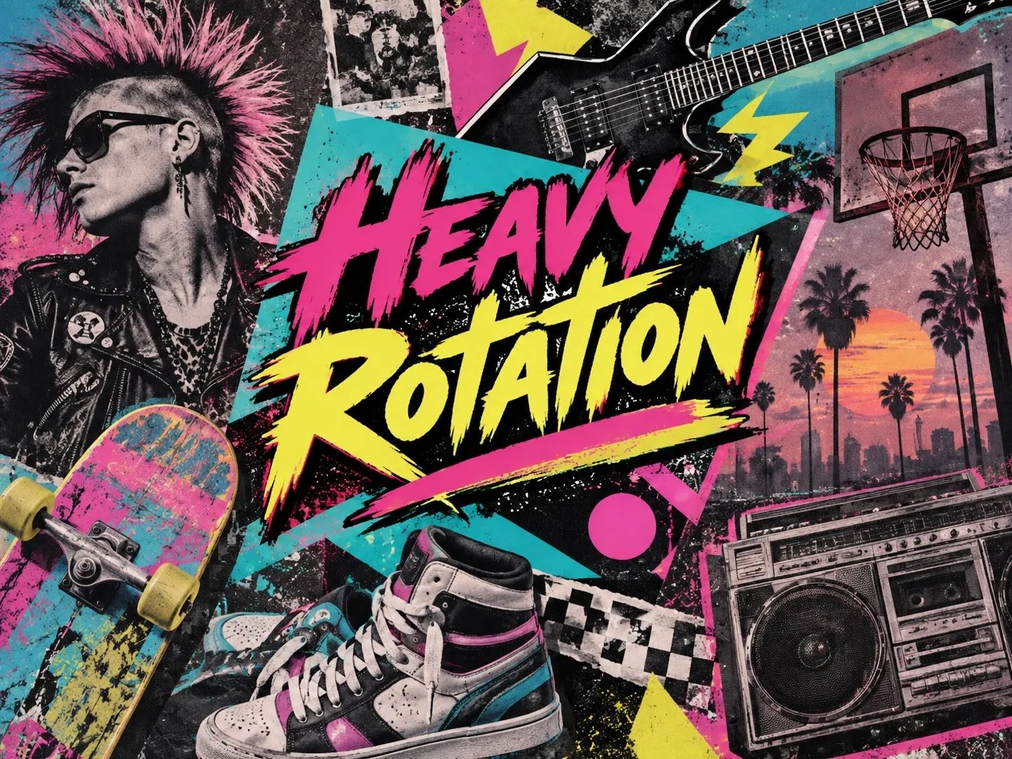 The Heavy Rotation title card: the name in hot pink and yellow brush lettering over a torn-paper 80s collage of a skateboard, high-top sneakers, an electric guitar, palm trees at sunset, and a boombox.